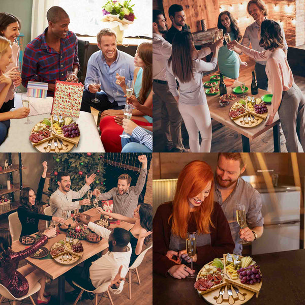 Collage of people enjoying meals and drinks together in various settings.