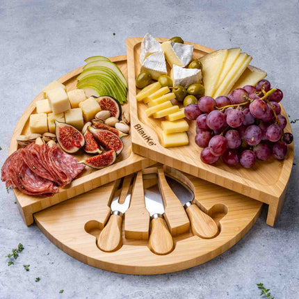 Bamboo Cheese Board and Knife Set | 14-Inch Rotating Board | GenTree Home