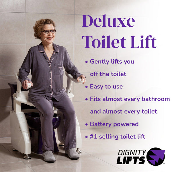 Dignity Lifts DL2 Deluxe Toilet Lift, front view installed over a toilet
