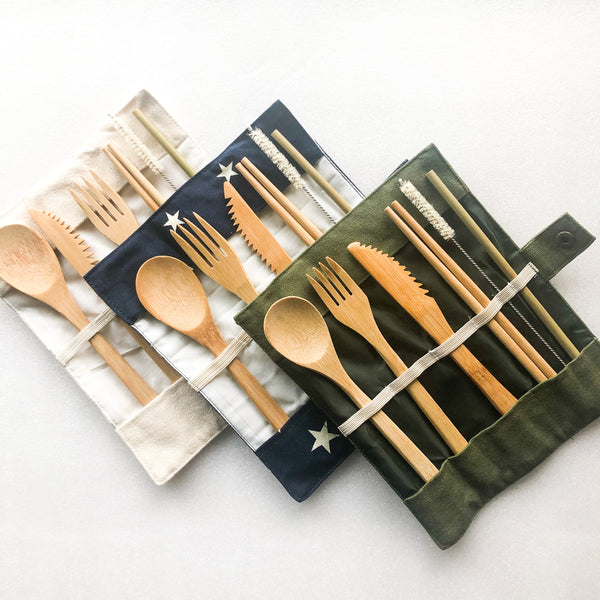 Beige/Navy/Green canvas pouch containing portable eco-friendly bamboo cutlery set