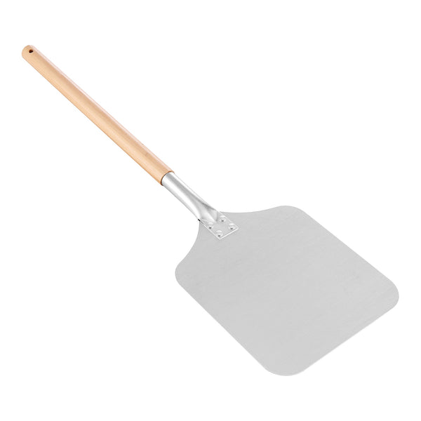 Metal pizza peel with wooden handle on a white background
