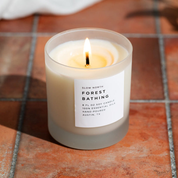 Minimalist soy candle styled in a serene, nature-inspired living room