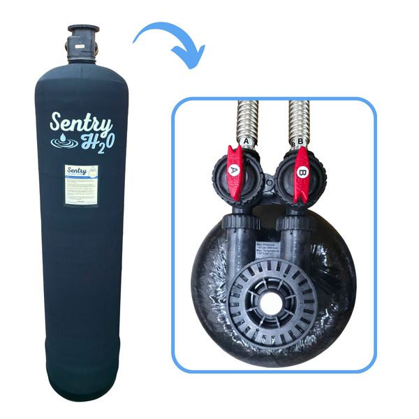 Fill port on the Sentry Whole House Wellness System, front and top view