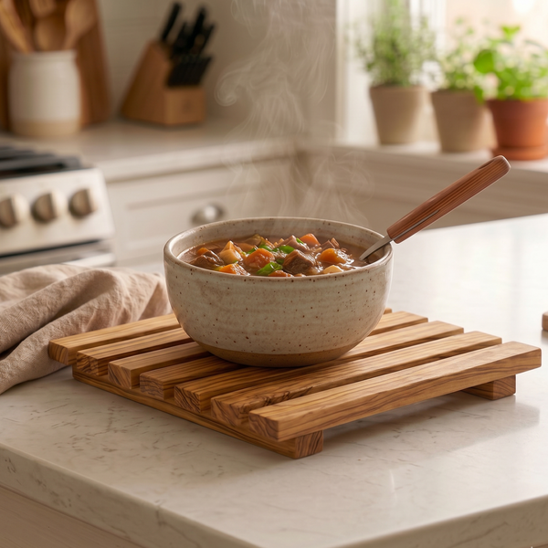 Artisan olive wood pan coaster set styled in a modern kitchen