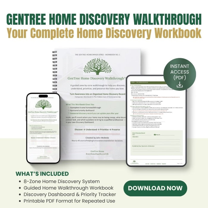 GenTree Home Discovery Walkthrough workbook shown beside smartphone and tablet previews, highlighting its eight-zone system, priority tracker and printable PDF