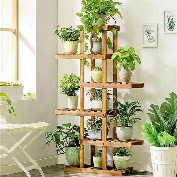 Six-tier indoor plant shelf holding various potted plants, showcasing heavy-duty weight-bearing design