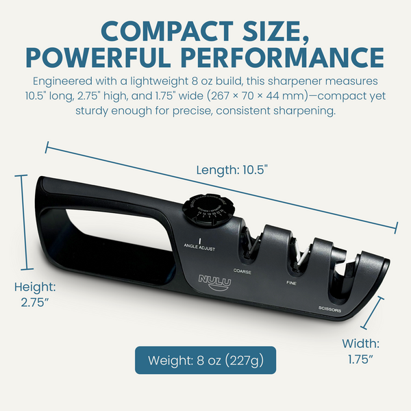 NULU sharpener dimensions graphic showing 10.5-inch length, 2.75-inch height, 1.75-inch width and 8 oz weight
