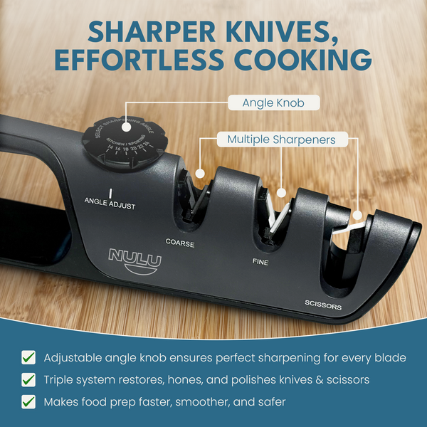 NULU sharpener close-up highlighting the adjustable angle knob and coarse, fine and scissors slots