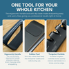 Three-panel NULU sharpener graphic showing the ergonomic handle, rubber feet and tungsten carbide sharpening components