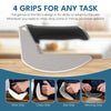 NULU knife graphic demonstrating four holding positions labeled Slice Grip, Chop Grip, Axe Grip and Mincing Grip
