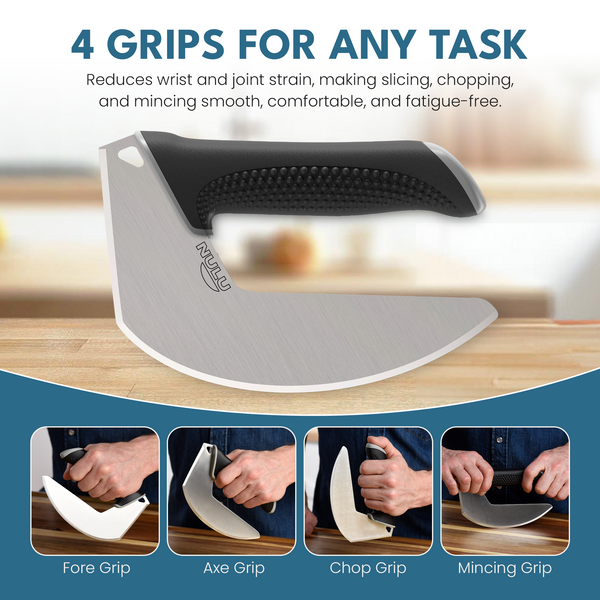 NULU knife grip guide showing fore, axe, chop and two-handed mincing positions