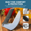 NULU knife feature graphic showing its stainless steel blade, textured black handle and protective sheath