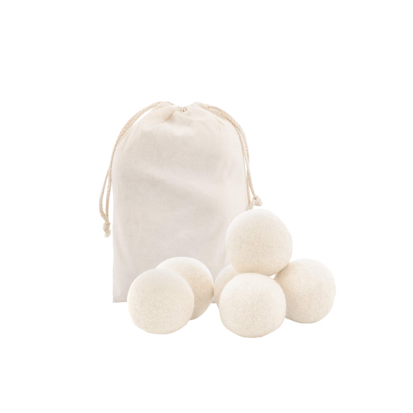 Set of three white felt balls with a drawstring bag on a white background