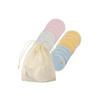 Set of pastel-colored reusable pads with a drawstring bag on a white background
