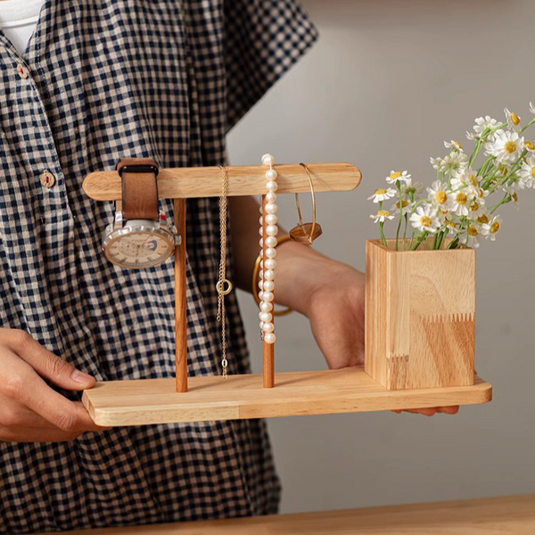 Sustainable wood desk organizer styled with pens and accessories, perfect eco-friendly gift for professionals