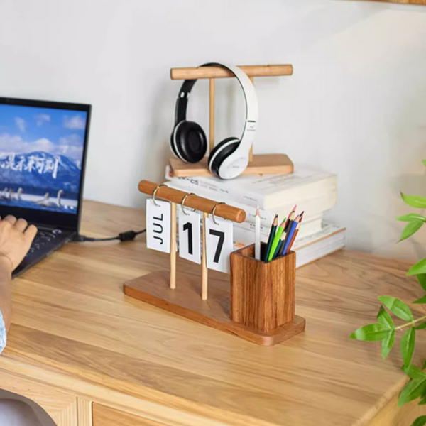 Sustainable wood desktop organizer and perpetual desk calendar, eco-friendly hardwood office storage