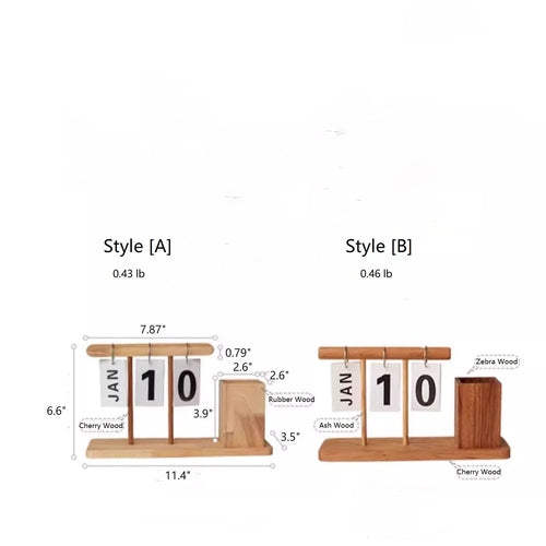 Style A or Style B sustainable wood desktop organizer with perpetual calendar and integrated pen cup
