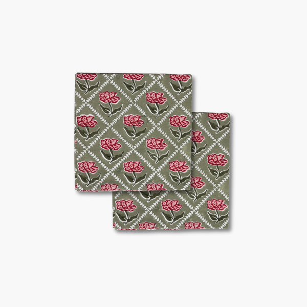 Banyan and Birch Noor hand-block printed cotton napkins in olive and pink