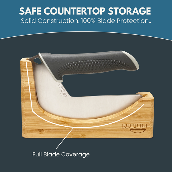 NULU bamboo dock holding a knife, with a graphic tracing the blade-storage groove and labeled Full Blade Coverage