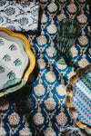 Banyan and Birch Nikhar hand-block printed linen table runner in ink blue, view 2