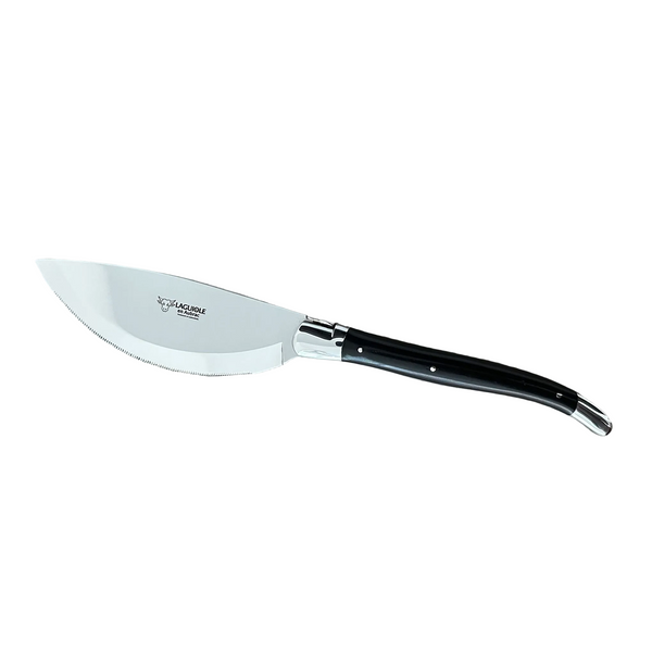 Laguiole en Aubrac pizza knife with a curved serrated steel blade, ebony handle and polished bolsters on white