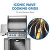 Napoleon Rogue grill and close-up of WAVE cooking grids labeled 7.5 mm stainless steel