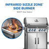 Napoleon SIZZLE ZONE infrared side burner graphic with a close-up of steak searing over flames