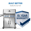 Napoleon Rogue PRO-S 525 grill beside a badge displaying 15 Year Warranty