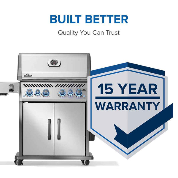 Napoleon Rogue PRO-S 525 grill beside a badge displaying 15 Year Warranty