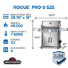 Napoleon Rogue PRO-S 525 specification graphic showing four main burners, 48,000 BTU and overall dimensions