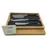 Laguiole en Aubrac three-piece cheese knife set in a wooden tray, with the box lid and authenticity certificate alongside