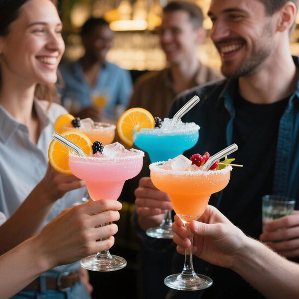 People enjoying colorful cocktails at a bar or party.