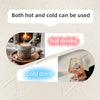 Two drink images labeled 'hot drinks' and 'cold drink' with text overlay on a textured beige background.