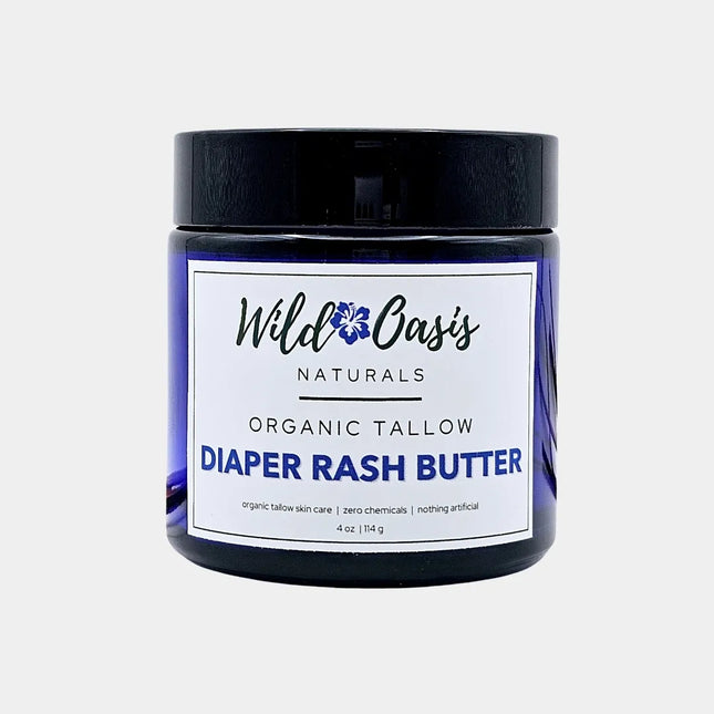 "Organic grass-fed tallow diaper rash butter in a glass jar with natural ingredients like shea butter and lavender."