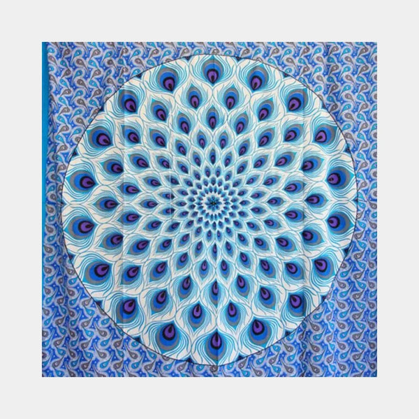 Blue Peacock cotton tapestry, handcrafted 90x80 inch large-scale geometric wall art