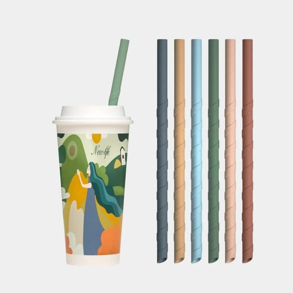 Reusable silicone straws in iced coffee and smoothie glasses, sustainable eco-friendly drinkware