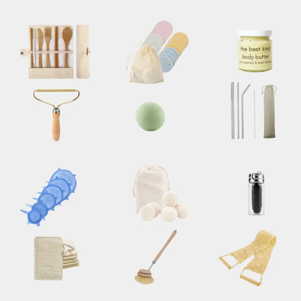 Eco-friendly zero-waste starter kit featuring bamboo utensils, stainless steel straws, and organic cotton produce bags