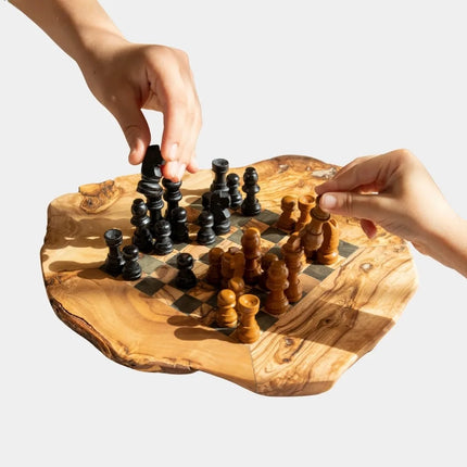 "Handmade Olive Wood Chess Board with Natural Bark Edges"