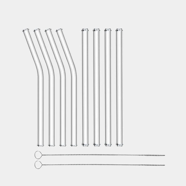 Reusable glass straw set including flexible cleaning brush, non-toxic and dishwasher-safe sustainable straws
