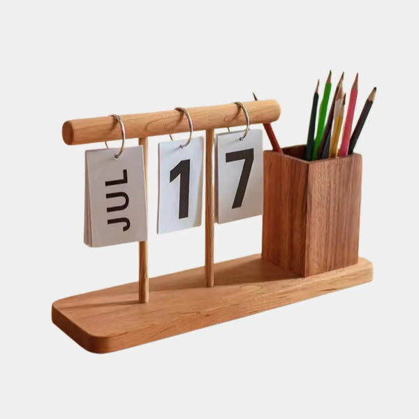 Sustainable wood desktop organizer and perpetual desk calendar, eco-friendly hardwood office storage