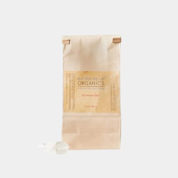 Butter Me Up Organics natural dishwasher soap in eco-friendly 1lb bag, non-toxic and zero-waste formula