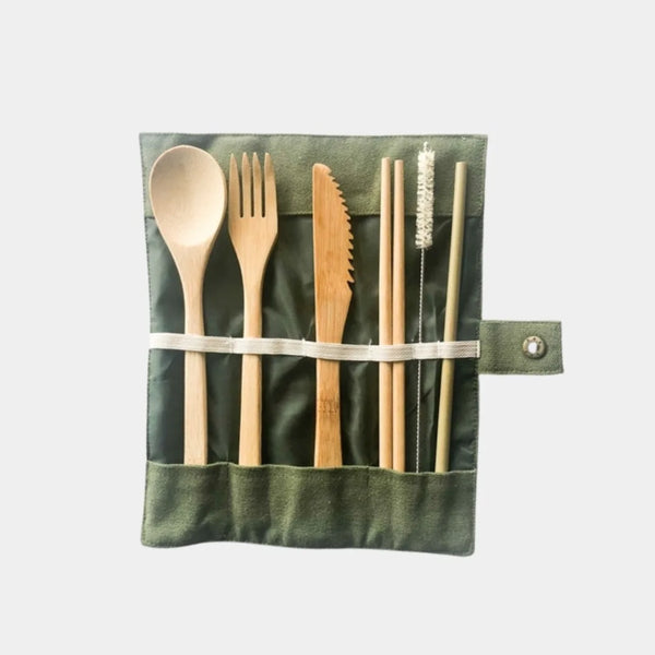 Close-up of bamboo fork, spoon, knife, chopsticks, and straw with wire cleaner brush
