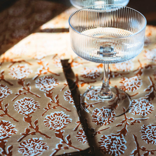 Banyan and Birch Nikhar hand-block printed linen table runner in chai brown, view 3
