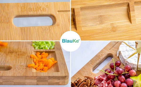 Collage of a BlauKe bamboo cutting board with various food items on it.