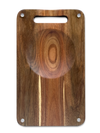 Top view of the NULU acacia cutting board with built-in mincing bowl, carrying handle and four corner feet