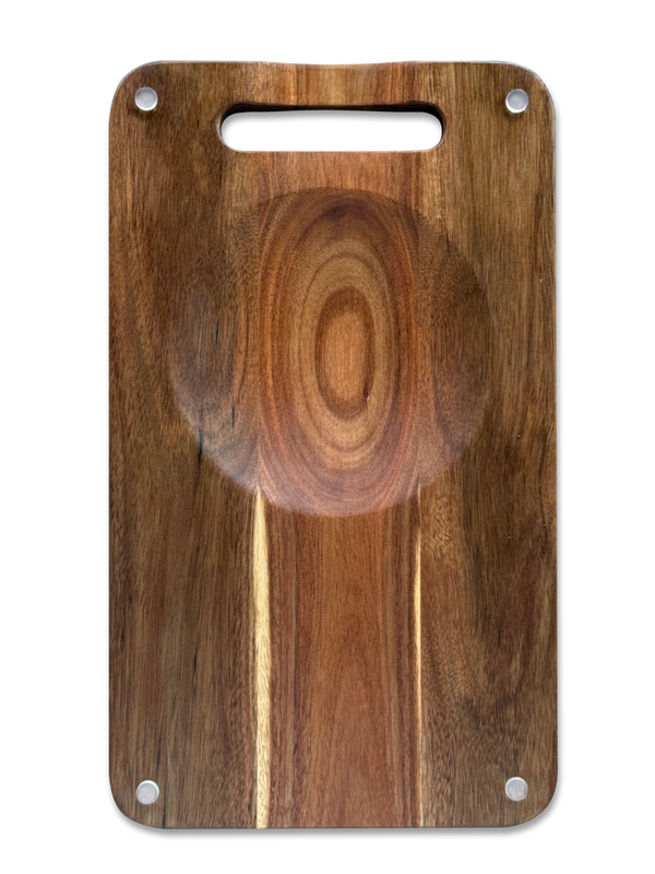 Top view of the NULU acacia cutting board with built-in mincing bowl, carrying handle and four corner feet