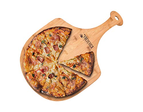 "Premium natural bamboo pizza peel with a fresh homemade pizza