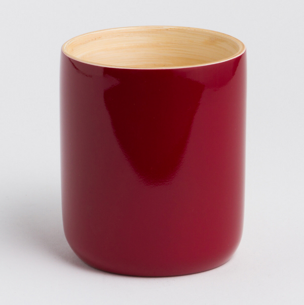 "Close-up of the smooth bamboo rim and artisanal finish of the LY mug"
