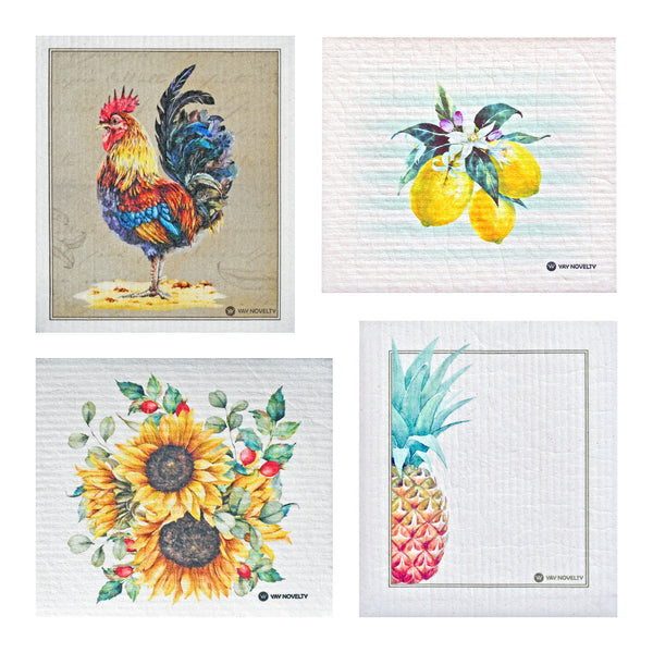 Assorted vibrant botanical and novelty print Swedish dishcloths in a 12-pack set