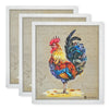 Set of three placemats with a colorful rooster design on a textured background.